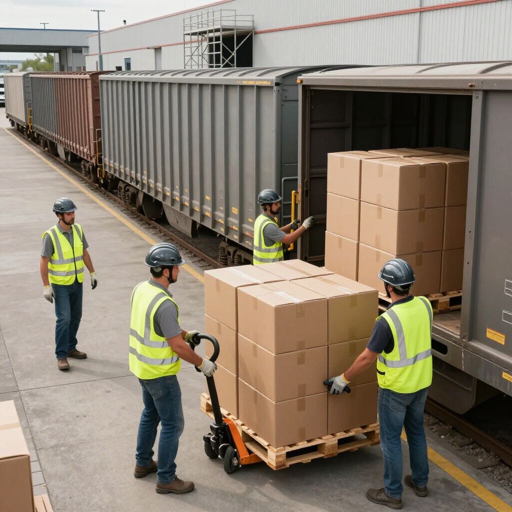 Arbeiter verladen Kartons in einen Güterwagen; sie tragen Helme und Sicherheitswesten.
