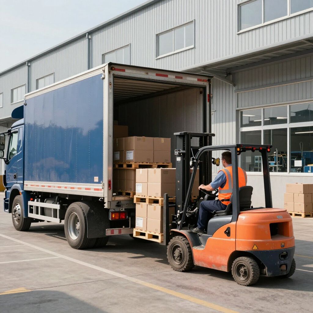 Gabelstaplerfahrer belädt einen LKW mit Kisten in einem Lagerhaus.