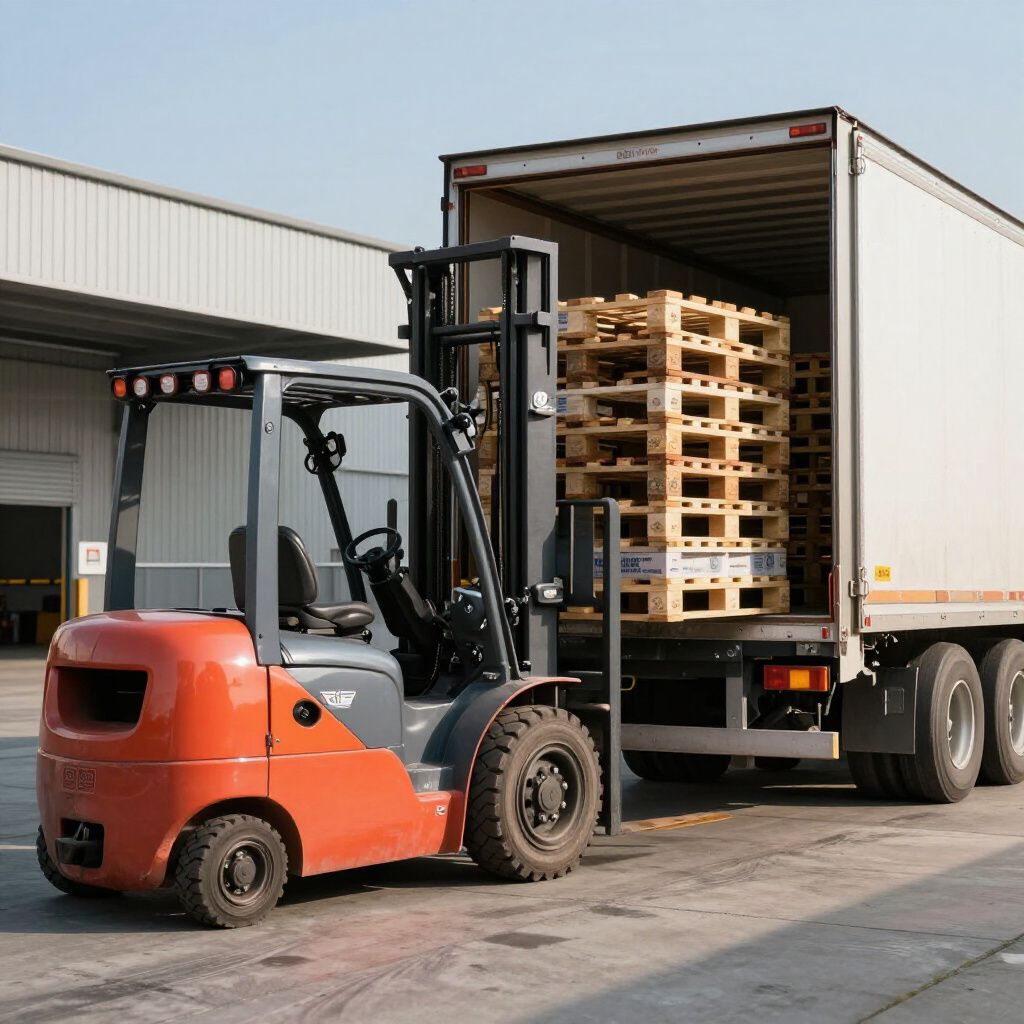 Ein orangefarbener Gabelstapler verlädt Holzpaletten an einer Laderampe in einen weißen LKW-Anhänger.