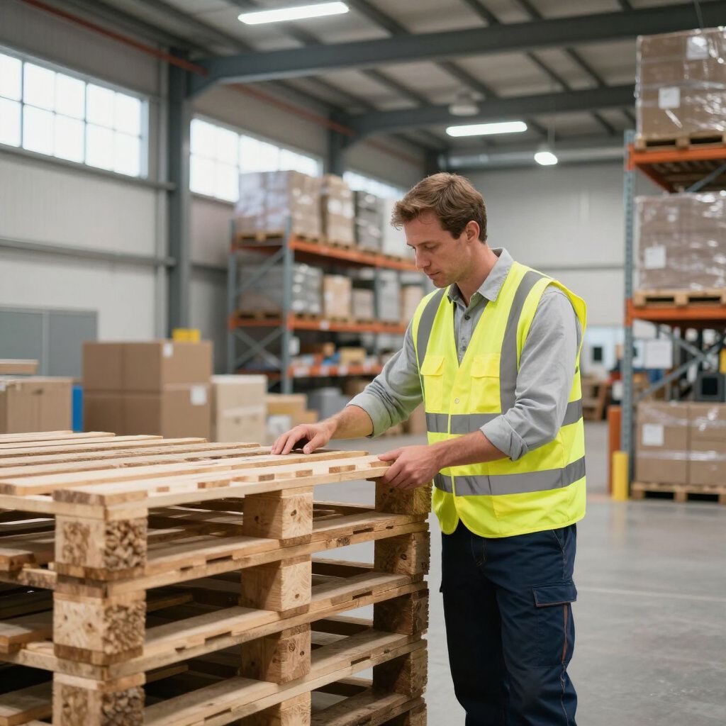 Mann in Sicherheitsweste inspiziert Holzpaletten in einem Lagerhaus.