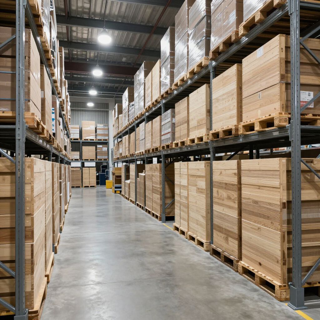 Innenansicht eines Lagerhauses mit hohen Regalen, die vollgepackt mit Holzkisten und Paletten sind.