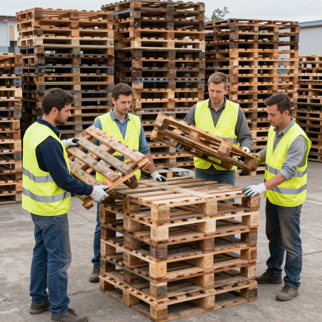 Vier Arbeiter in Westen stapeln im Freien Holzpaletten.