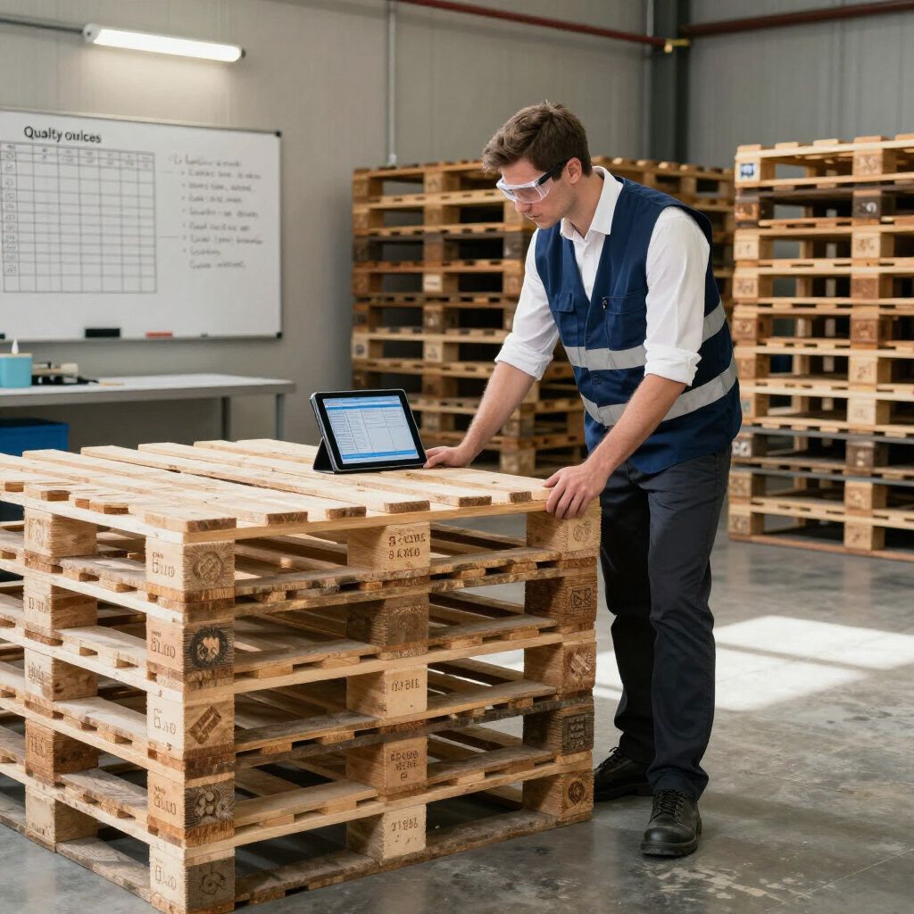 Ein Mann mit Schutzbrille inspiziert Paletten mit einem Tablet in einem Lagerhaus.