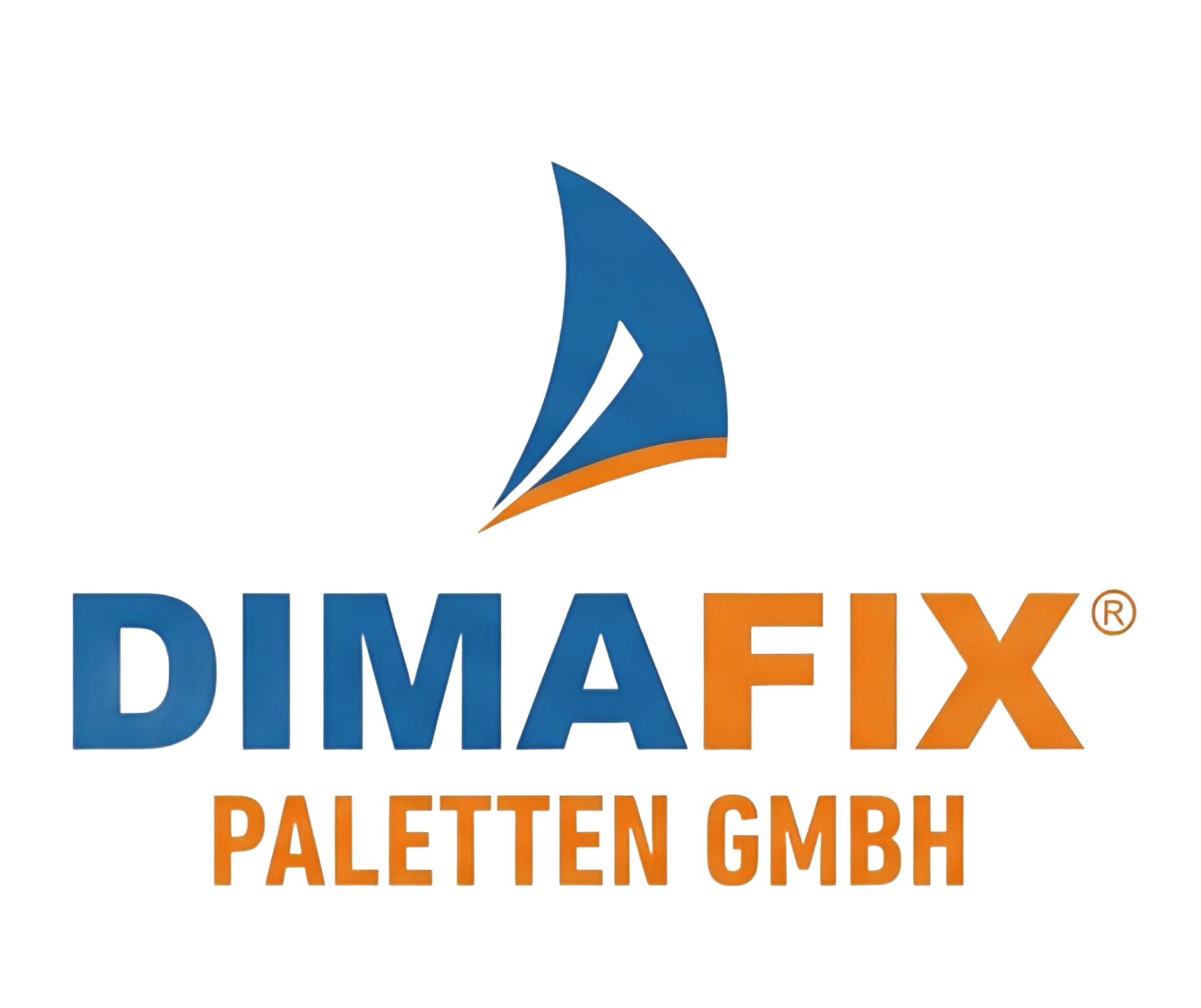 Logo für DIMAFIX PALETTEN GMBH: blauer und orangefarbener Text mit einer Segelbootgrafik.