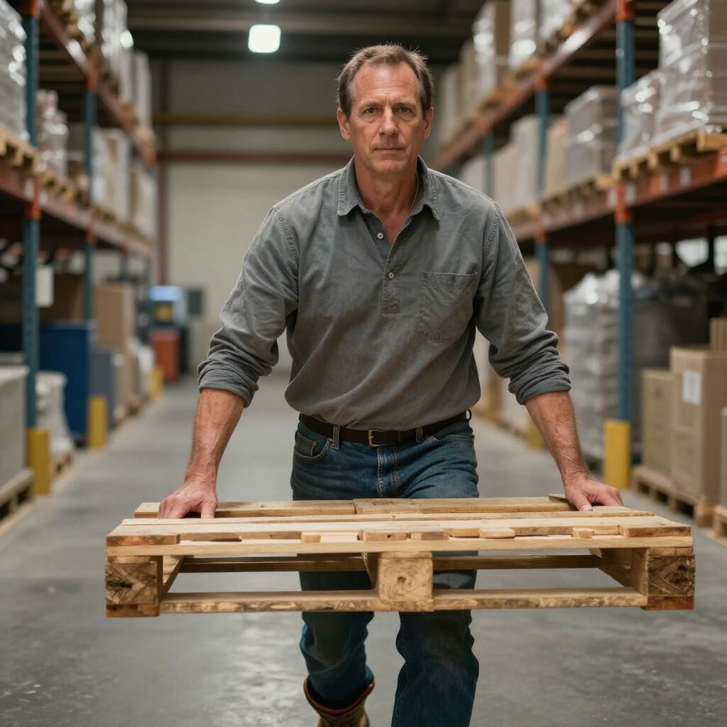 Ein Mann trägt eine Holzpalette in einem Lagerhallengang. Er trägt ein graues Hemd, Jeans und Arbeitsschuhe.