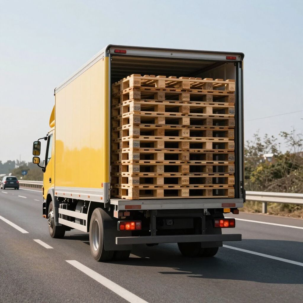 Ein gelber Lastwagen transportiert gestapelte Holzpaletten auf einer Autobahn.