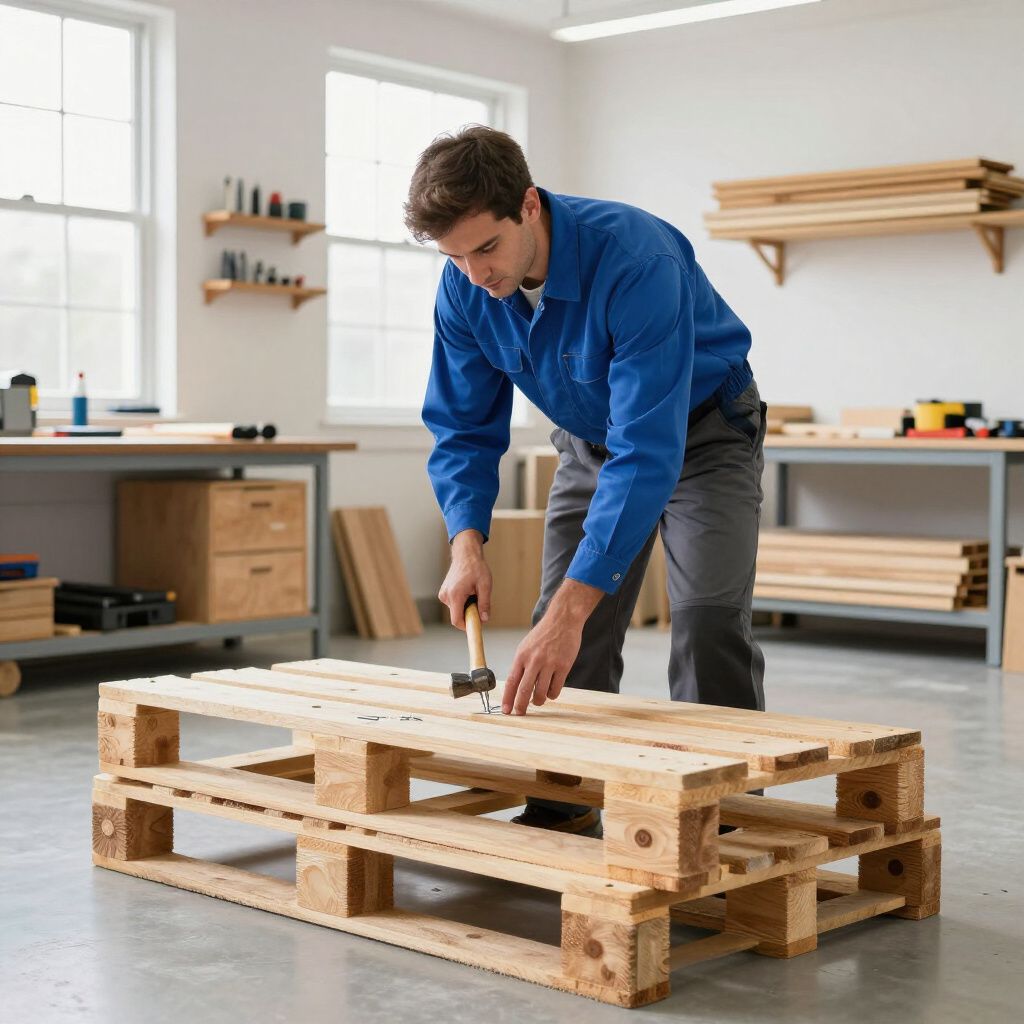 Ein Mann hämmert in einer Werkstatt Nägel in eine Holzpalette.