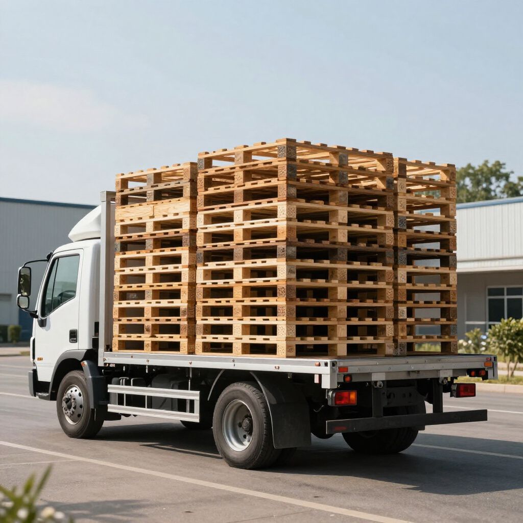 Die Ladefläche des Lastwagens ist mit Holzpaletten beladen.