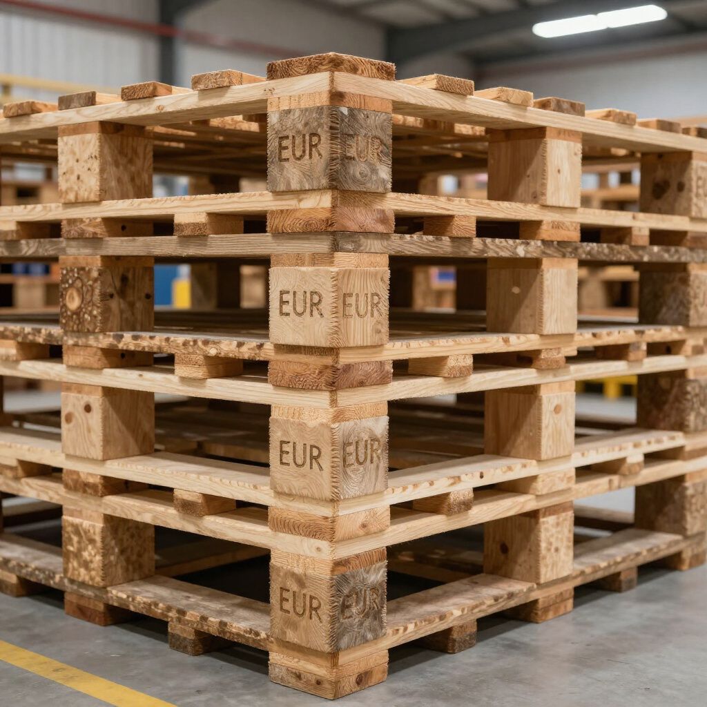 In einer Lagerhalle gestapelte EUR-Holzpaletten, deren Eckpfosten mit „EUR“ gestempelt sind.