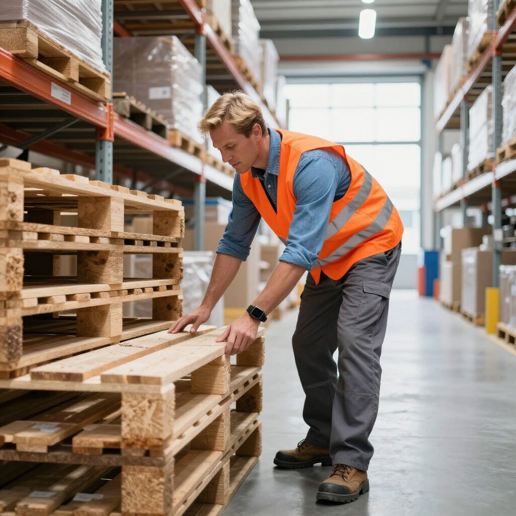 Ein Lagerarbeiter in orangefarbener Weste inspiziert Holzpaletten in einem Lager.