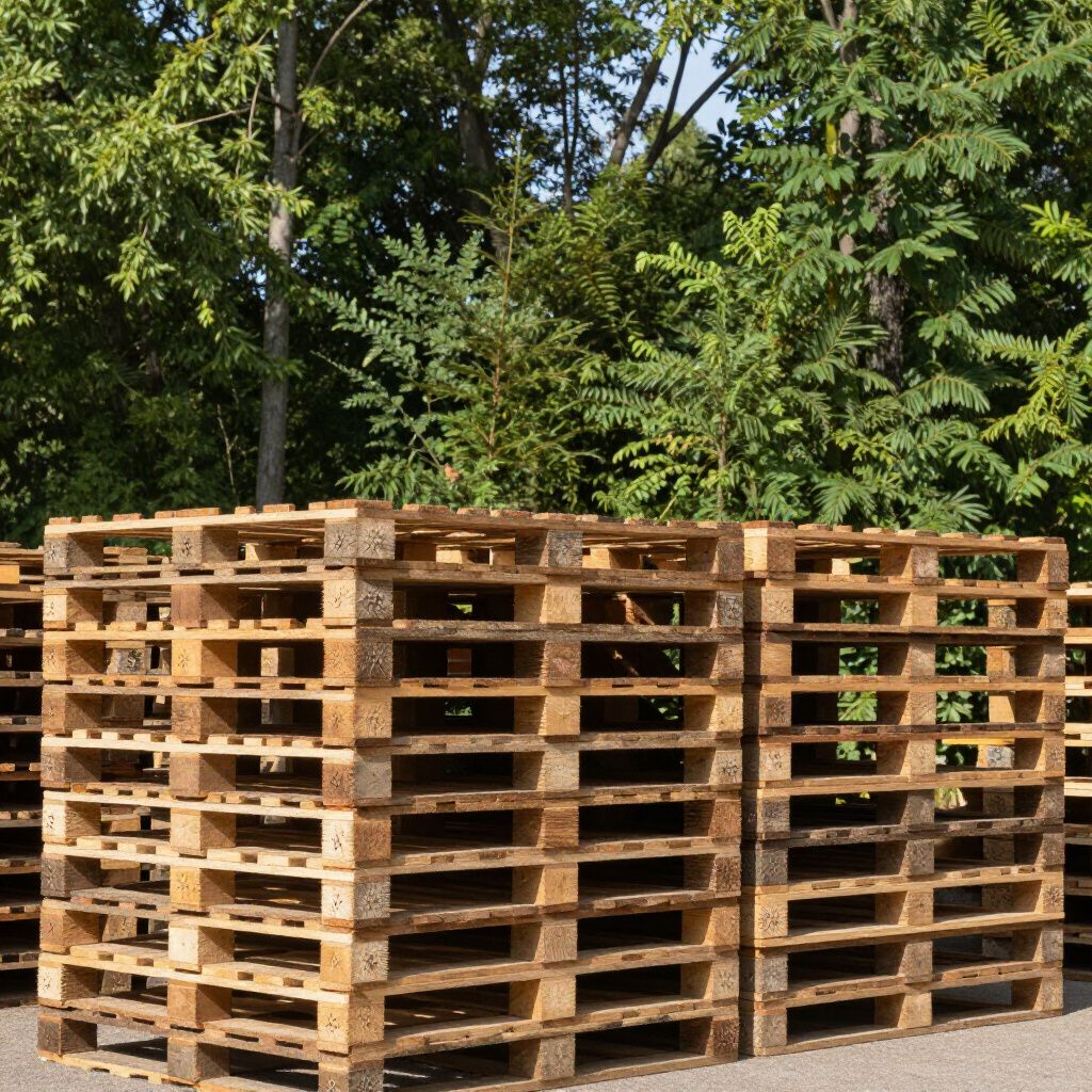 Ein Stapel verwitterter Holzpaletten, einige blau und rot bemalt.