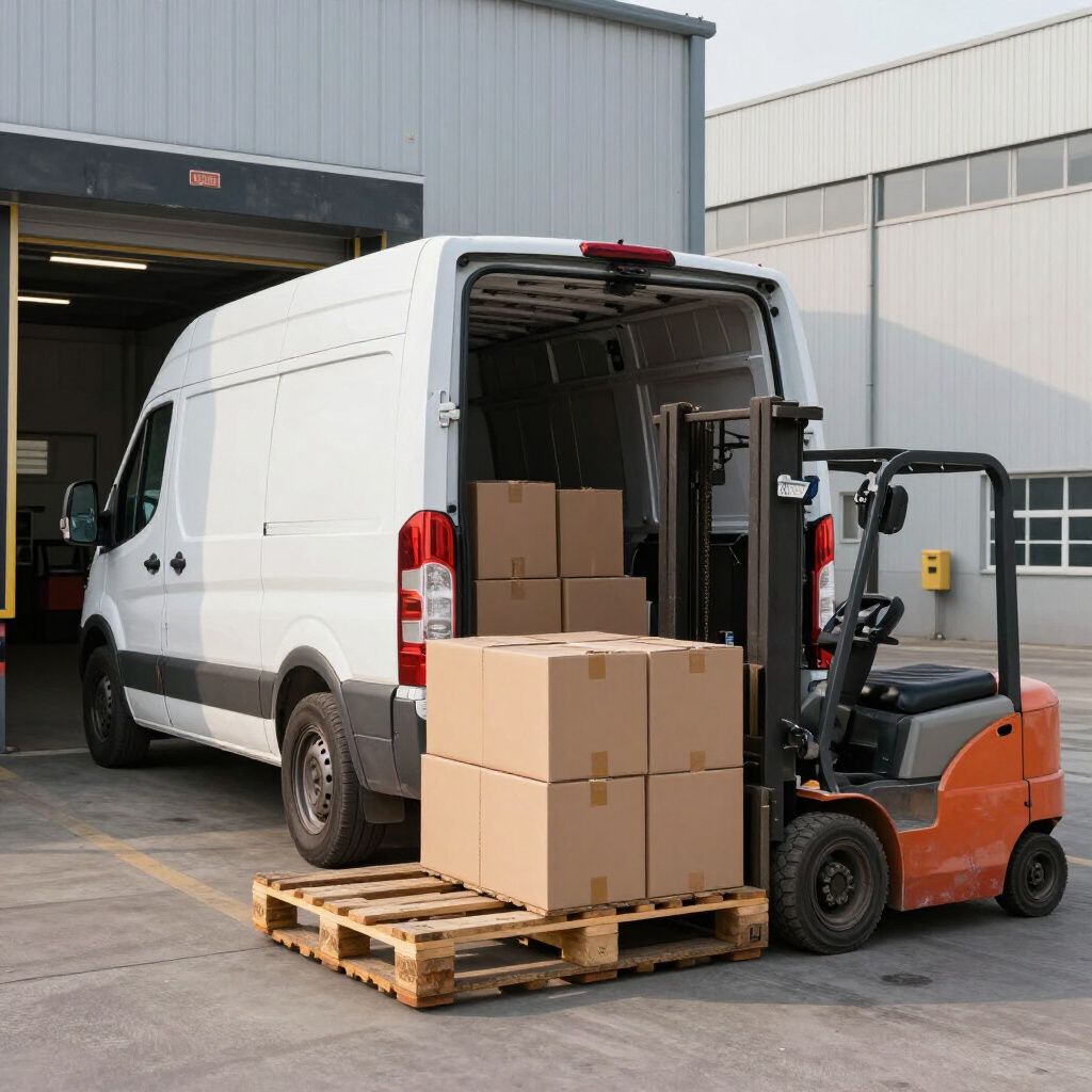 Vor einem Lagerhaus lädt ein Gabelstapler Kisten von einer Holzpalette in einen weißen Lieferwagen.