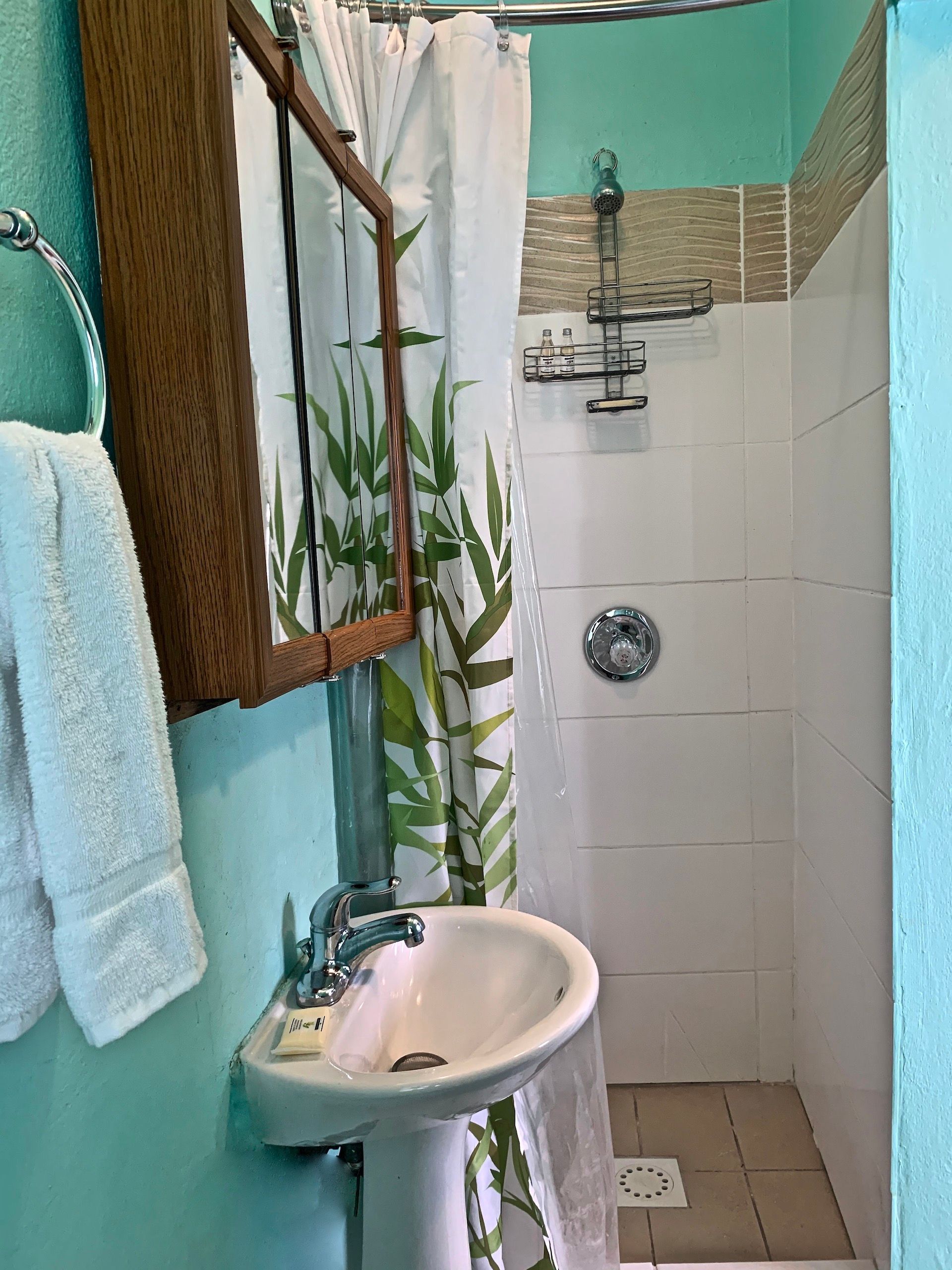 Small bathroom with a pedestal sink, shower, and wooden cabinet. Light blue walls, green and white bamboo shower curtain.