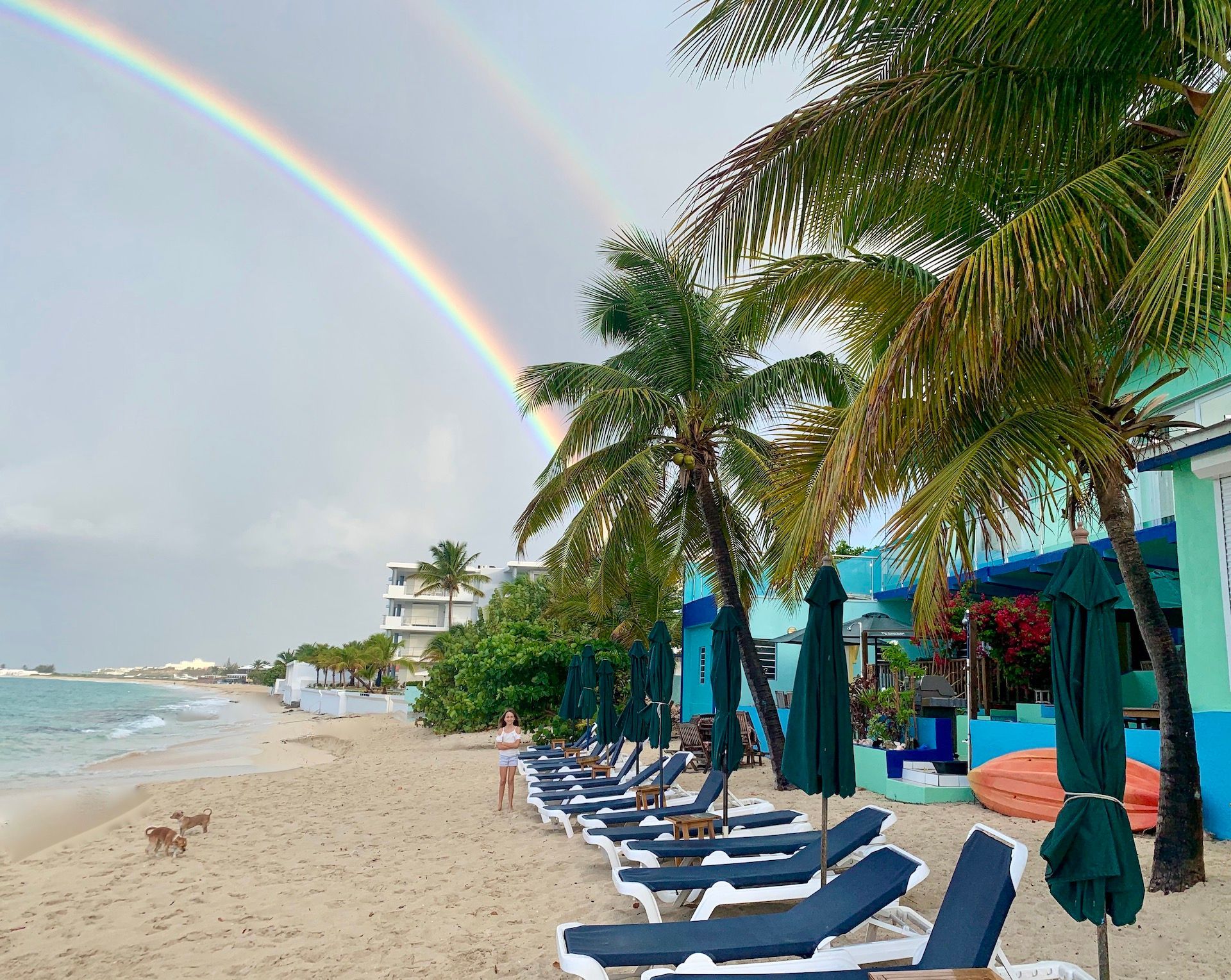 Double rainbow over a beach with palm trees, lounge chairs, and a turquoise building.