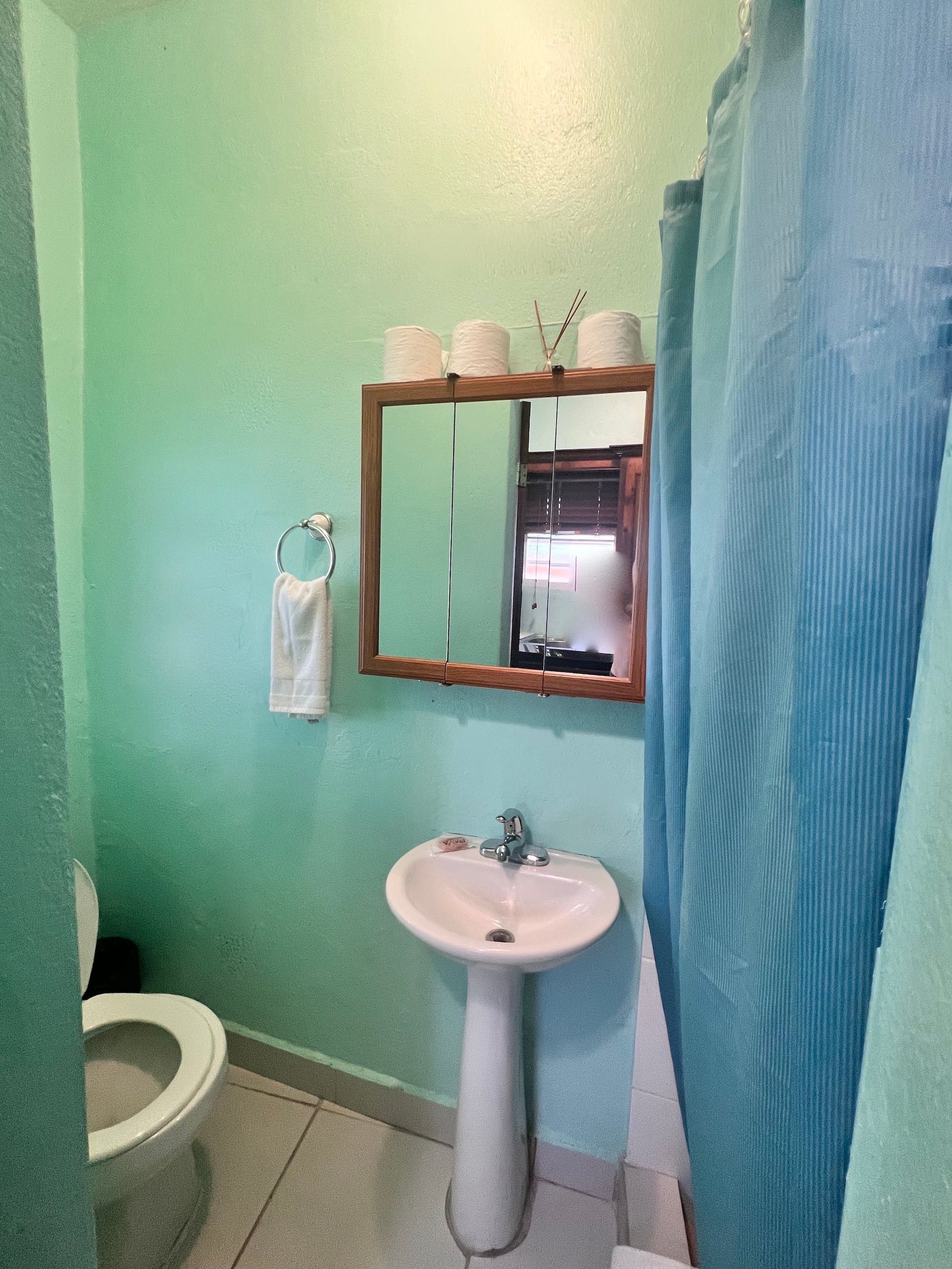 Bathroom with a teal wall, pedestal sink, toilet, mirror, and blue shower curtain.