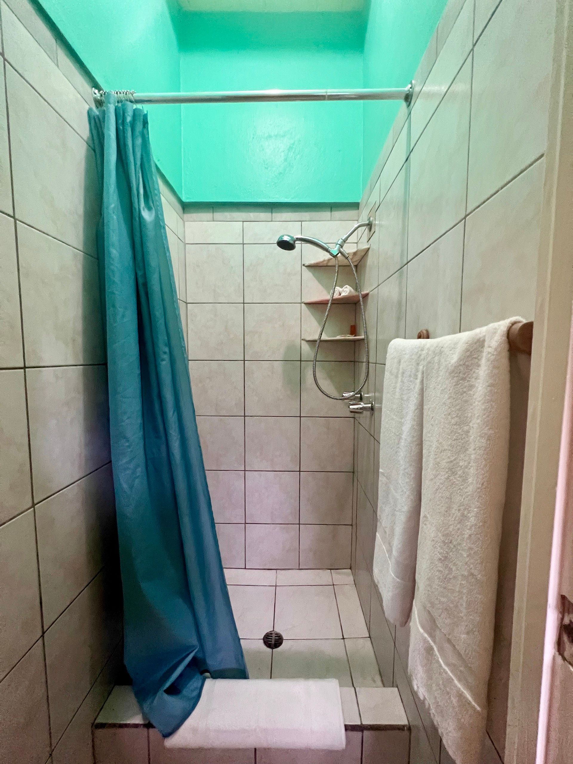 Small shower stall with a teal curtain, two white towels, and teal ceiling.