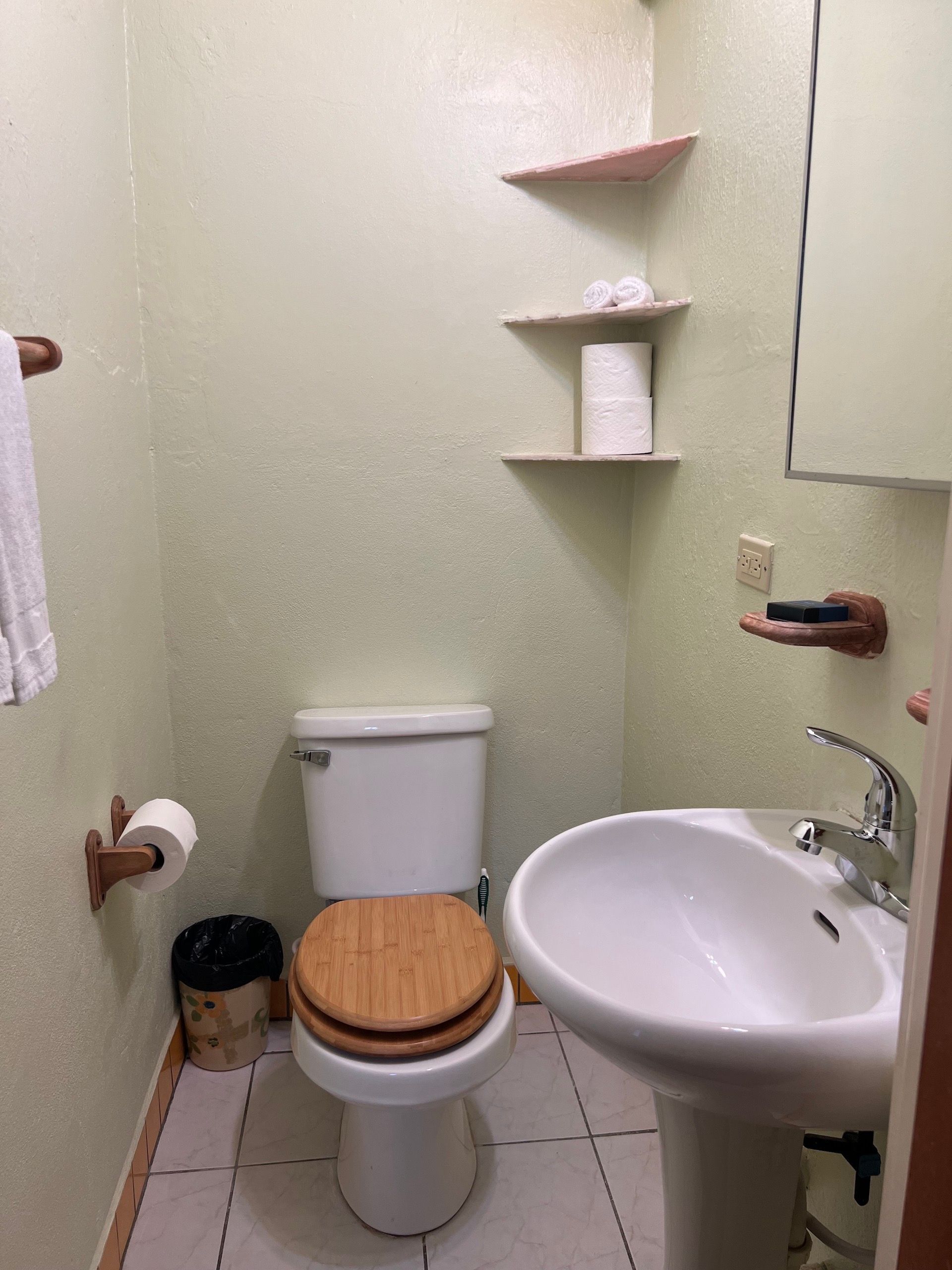 Small bathroom with toilet, sink, and shelves on a light green wall.