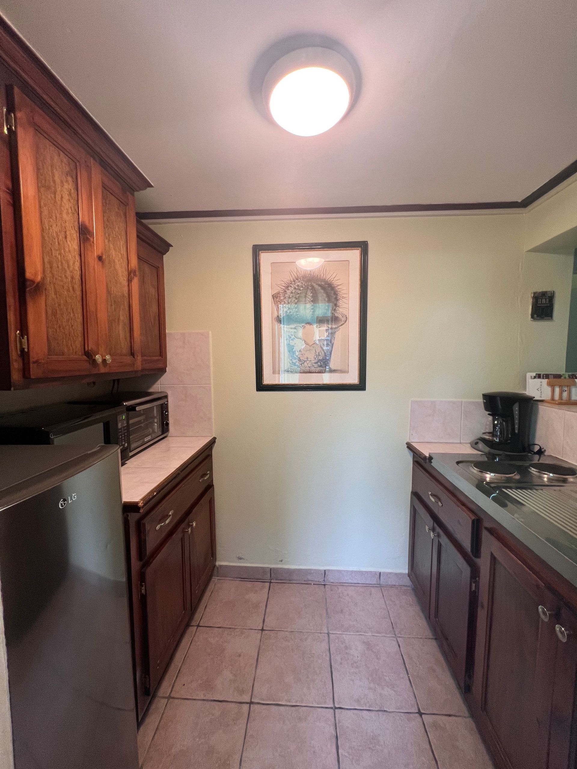 Narrow kitchen with wood cabinets, stainless steel appliances, and light green walls.