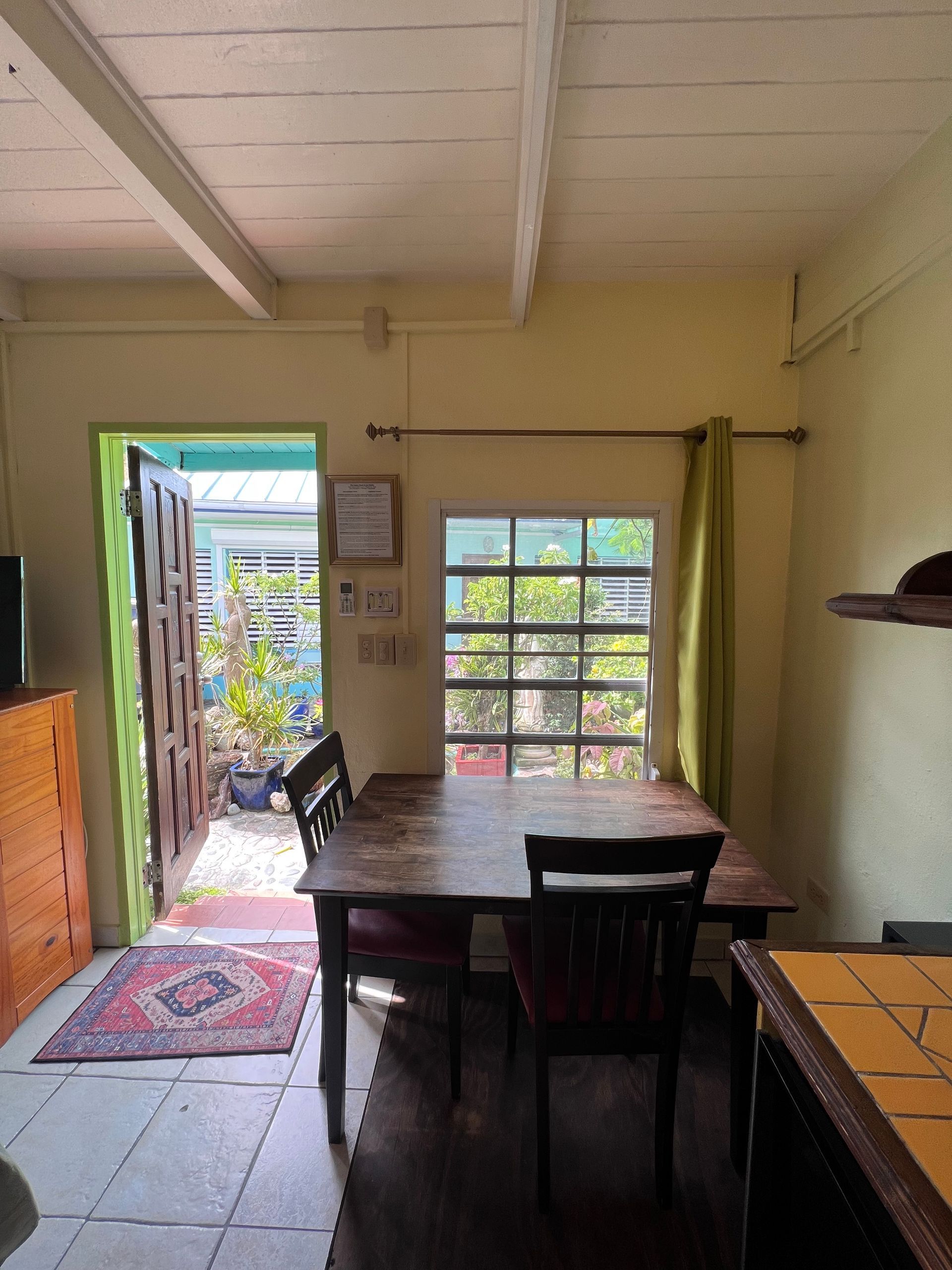 Interior dining area: table, chairs, open doorway to a garden, window with green curtain, wooden cabinet, and rug.