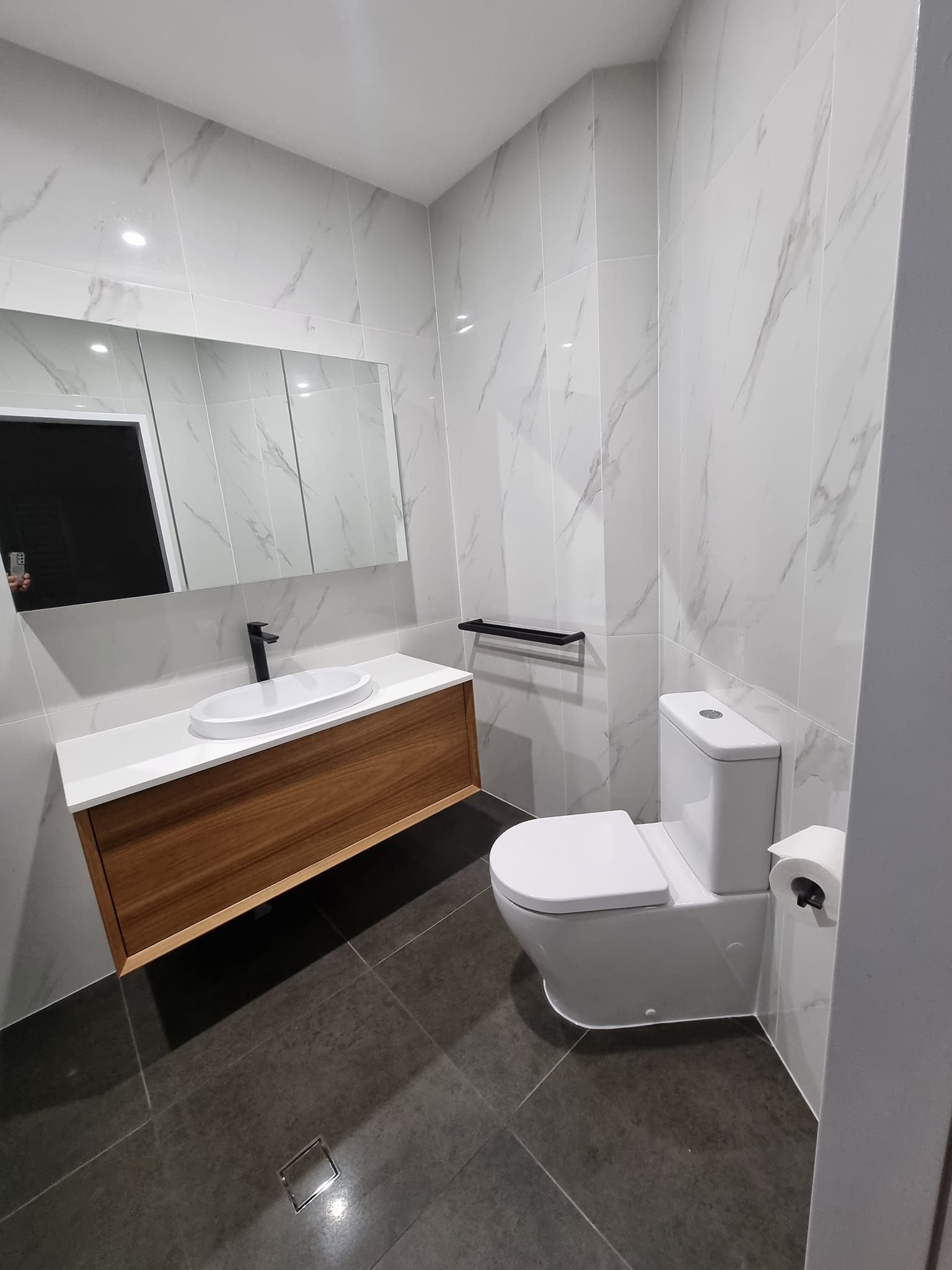 Modern Bathroom With Marble-look Tiled Walls — Tropic Tiling in Tolga, QLD
