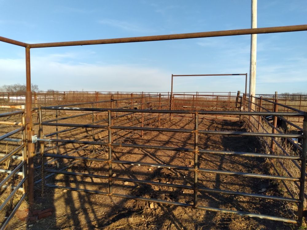 A fence in a field with a blue sky in the background