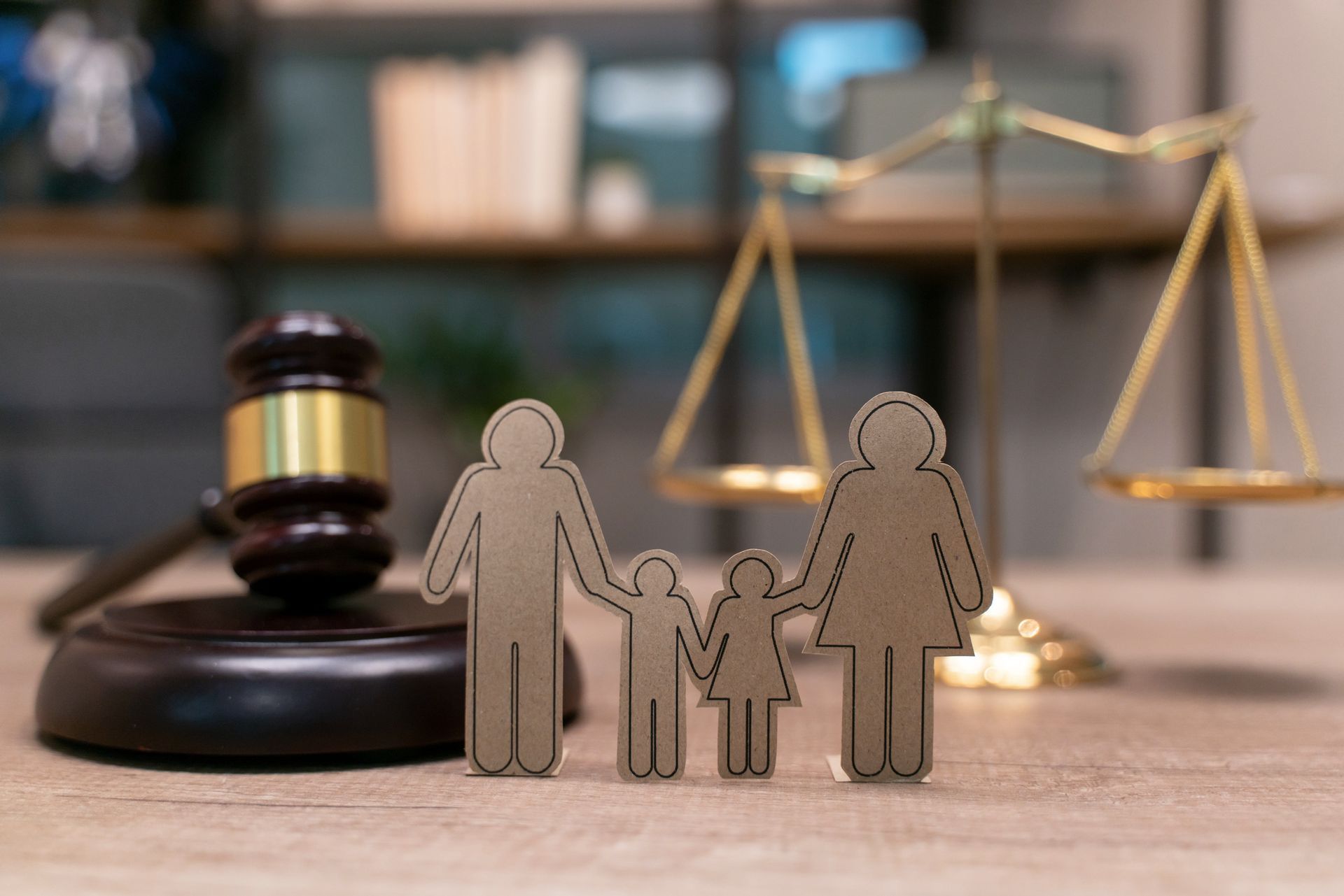  Custody lawyer office with gavel, scales of justice, and family cutout. | Lincoln, NE