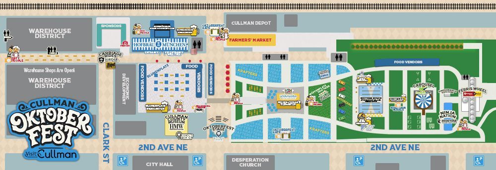 Map of Cullman Oktoberfest. Includes streets, venues, and amenities.