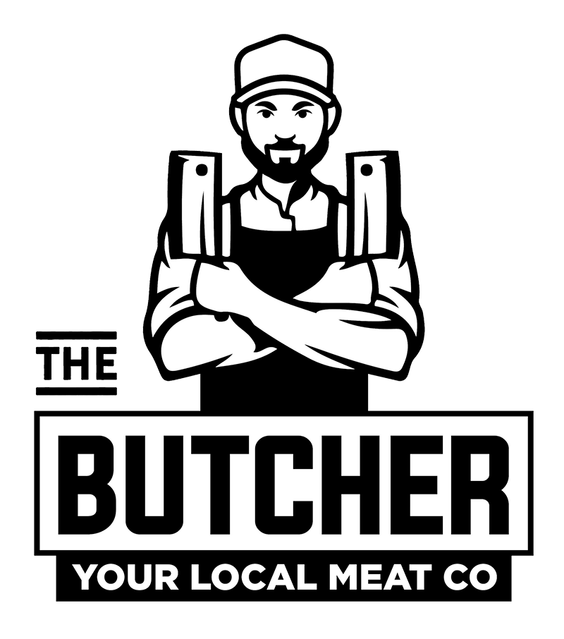 A butcher with crossed arms holding cleavers, above the text “THE BUTCHER” and “YOUR LOCAL MEAT CO”.