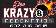 A logo for our krazy 8 redemption with a pool ball