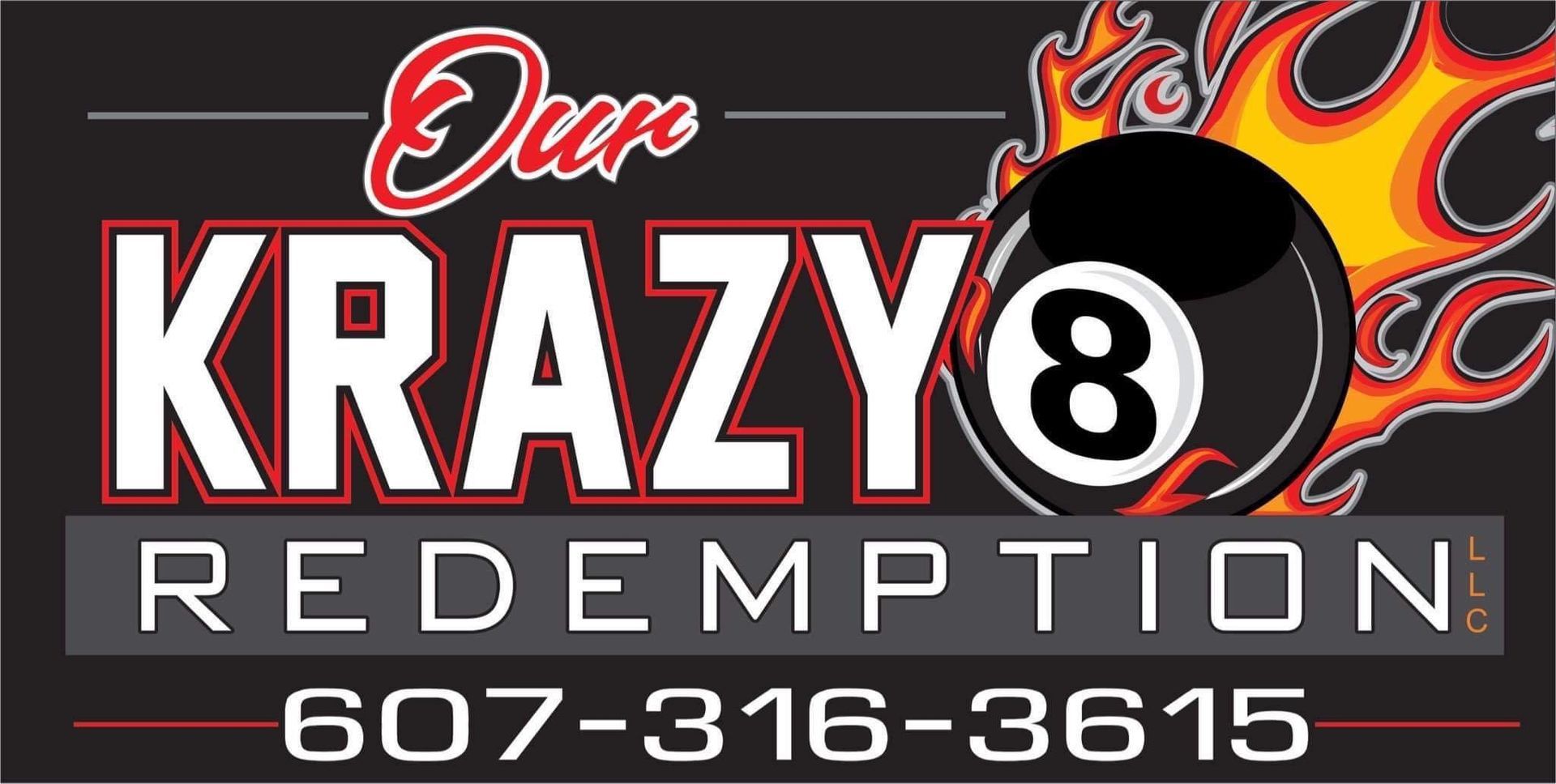 A logo for our krazy 8 redemption with a pool ball