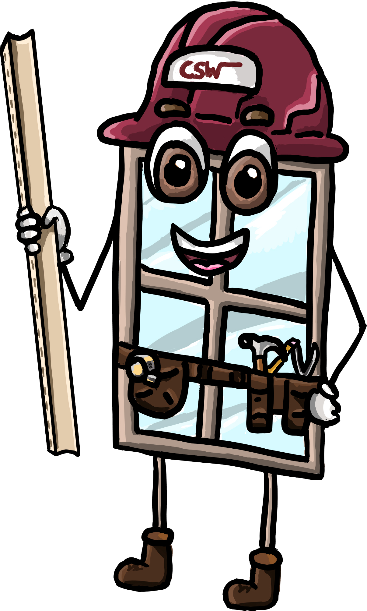 A cartoon of a window wearing a hard hat and holding a piece of wood.
