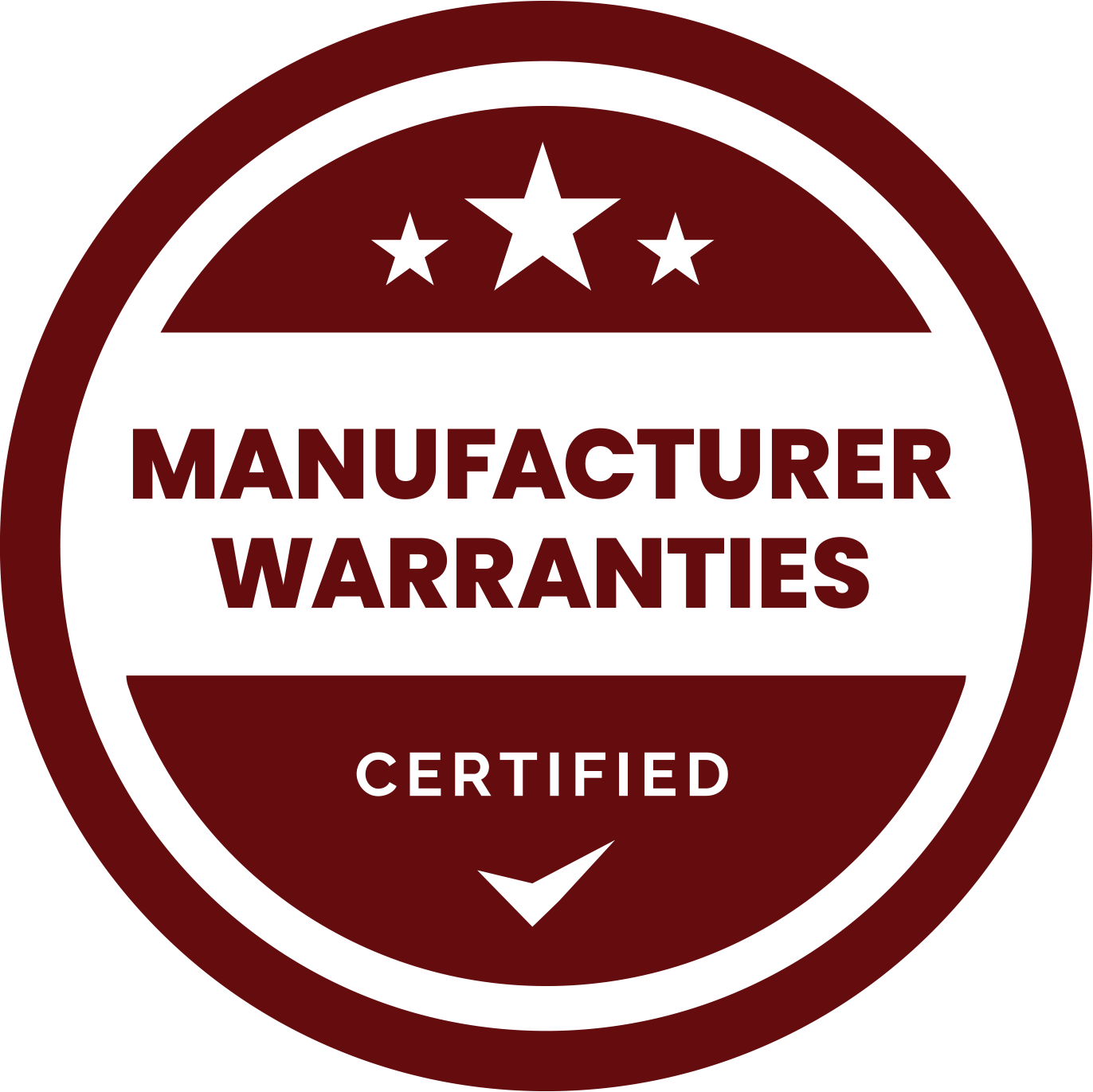 A red and white circle with the words manufacturer warranties certified on it.