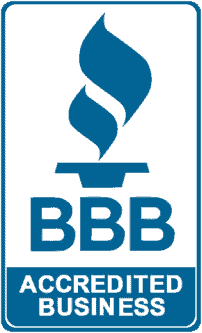 a blue and white bbb accredited business logo