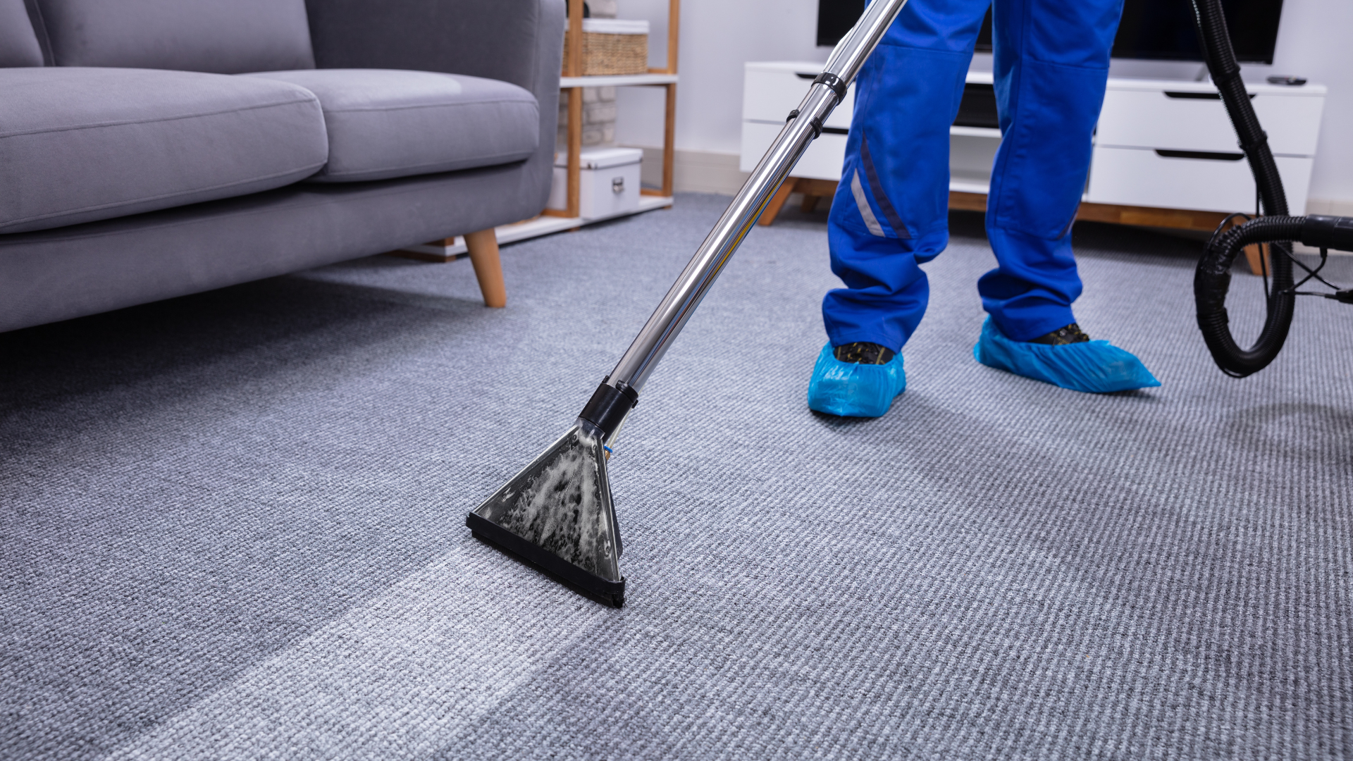 A person is cleaning a carpet with a vacuum cleaner in a living room.
