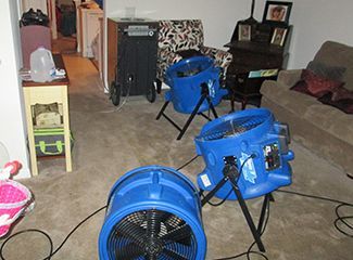 Two blue fans are sitting in a living room next to a couch.
