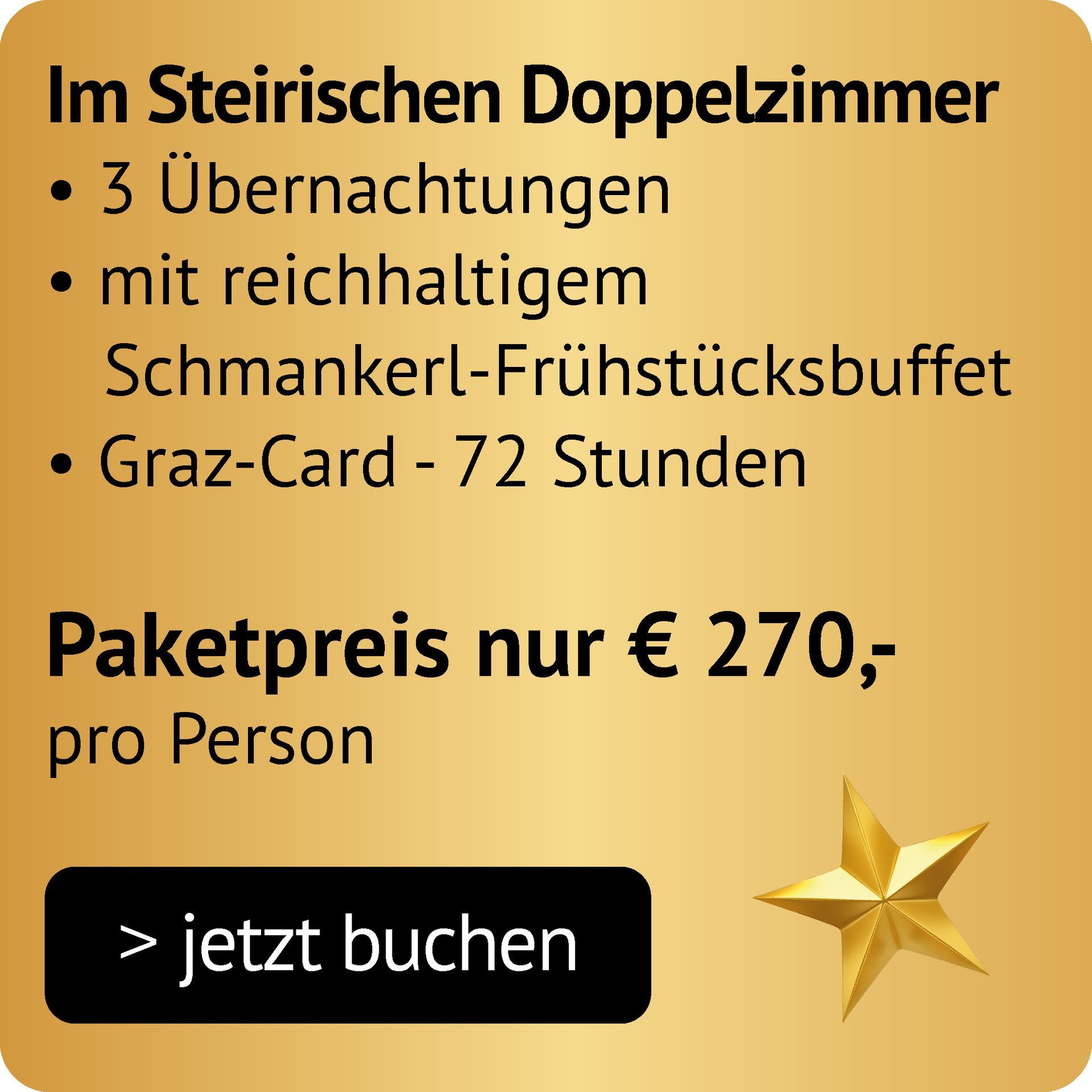 Graz Xmas Paket 5 im Steirischen DZ mit 3 Übernachtungen, Schmankerl-Frühstück, Graz-Card (72 Stunden) um 270€ pro Person