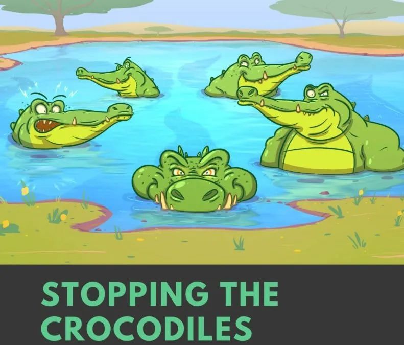 Five cartoon crocodiles with varied expressions swim in a pond under a clear sky above text reading 