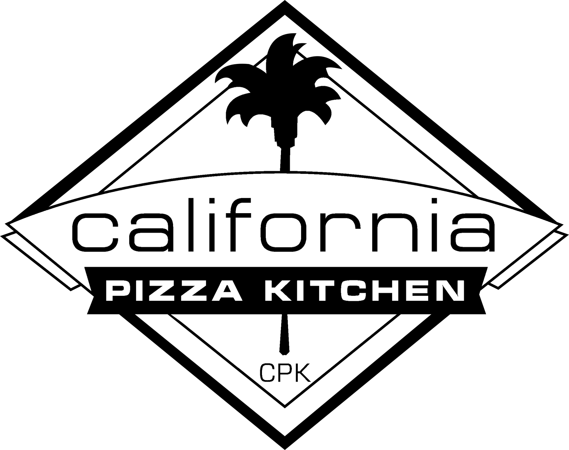Black and white California Pizza Kitchen logo featuring a palm tree inside a diamond shape.