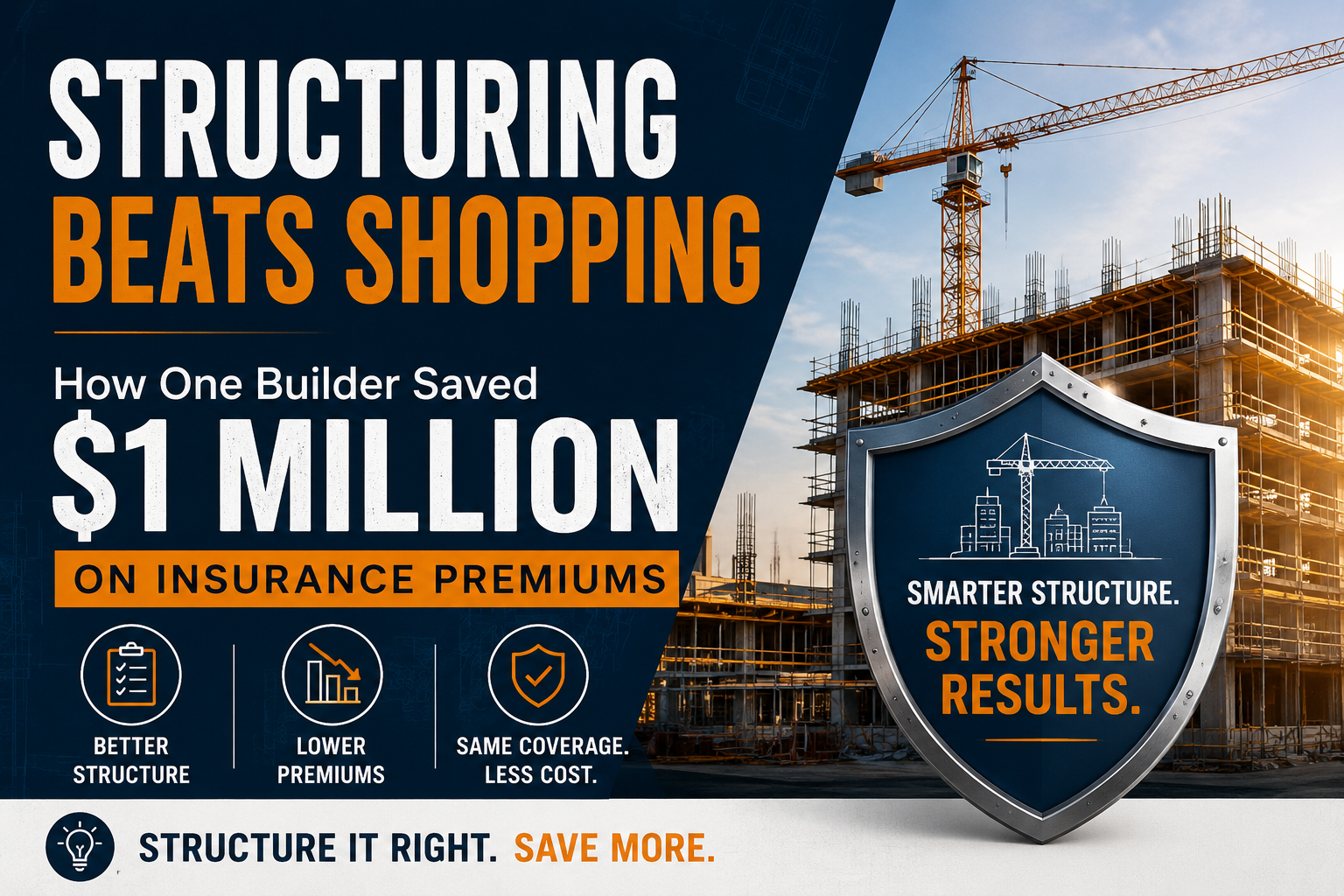 Construction promo graphic: “Structuring beats shopping,” claiming $1 million saved on insurance premiums.