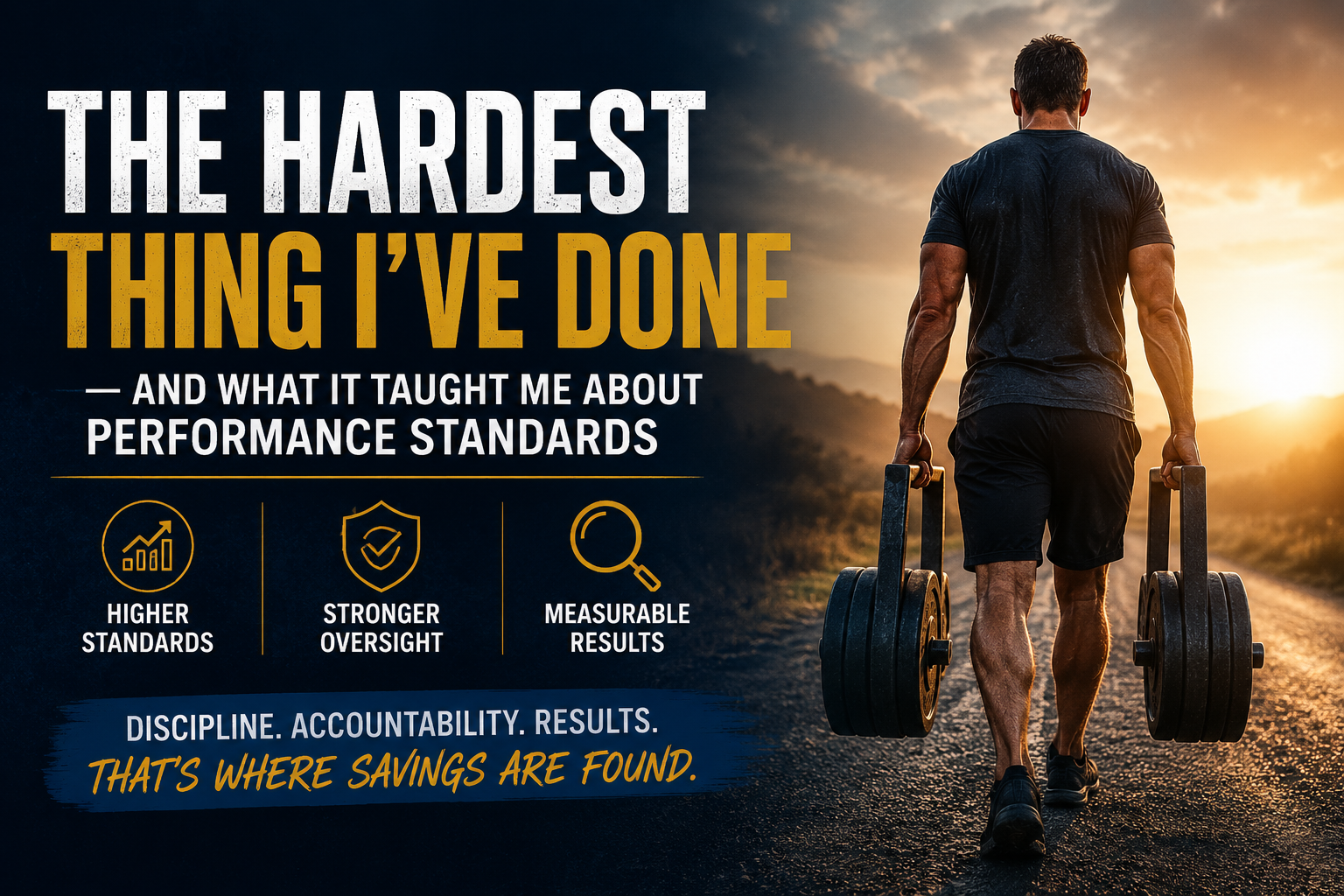 Man walking on a road at sunset with bold text about hard work, discipline, and performance standards.