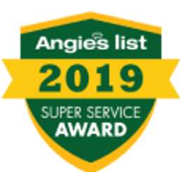 a green and yellow shield with the words angie 's list 2019 super service award written on it .