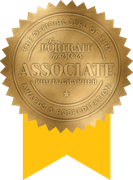 A gold seal that says portrait masters associate photographer awards & accreditation