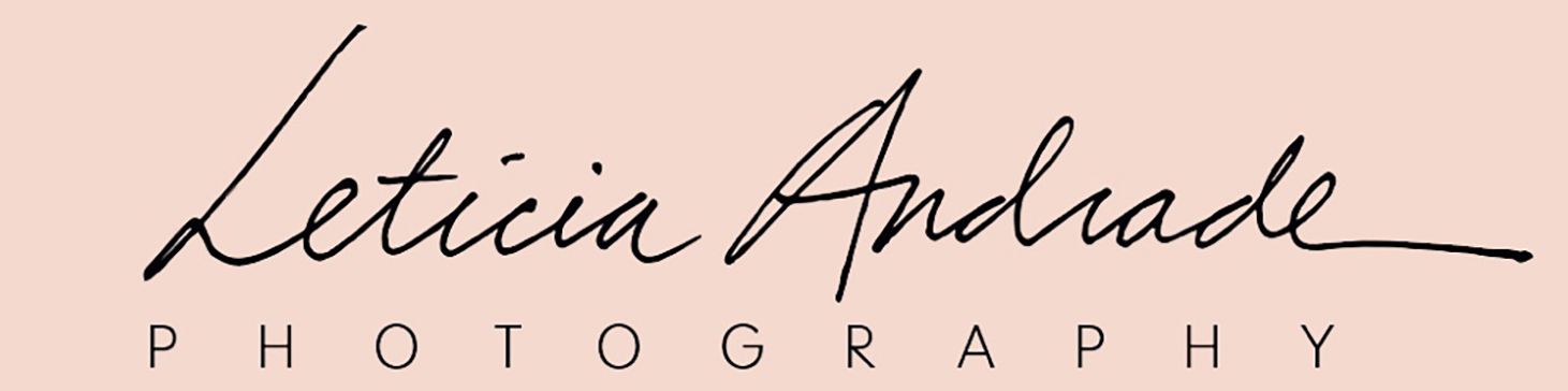 The logo for leticia andrade photography is written in cursive on a pink background.