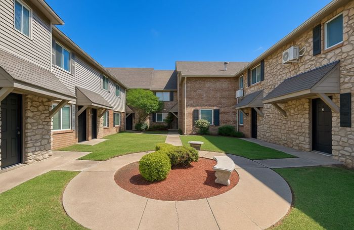 A brick apartment building with a circular walkway in the middle
