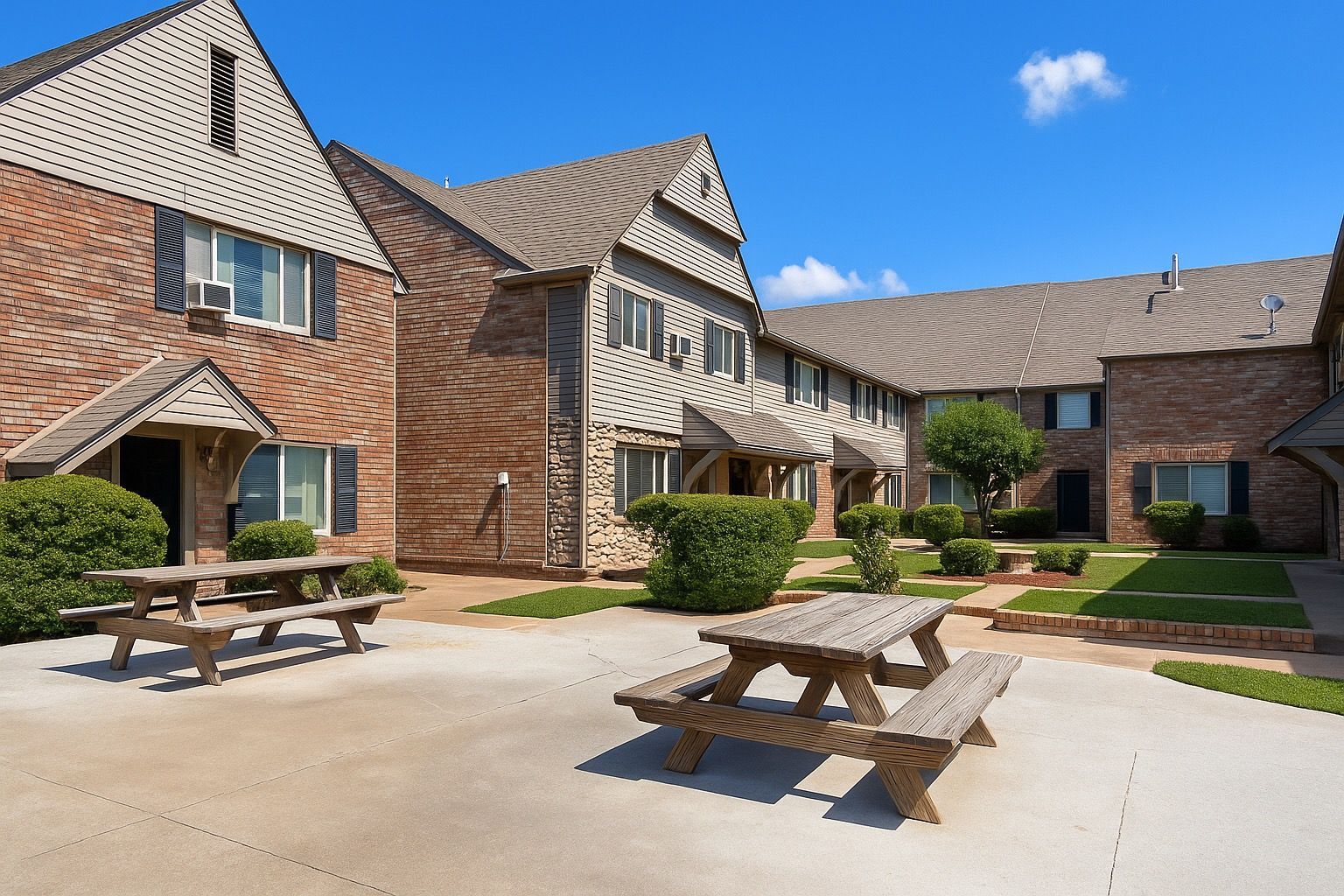 A brick apartment building with a picnic table in front of it.