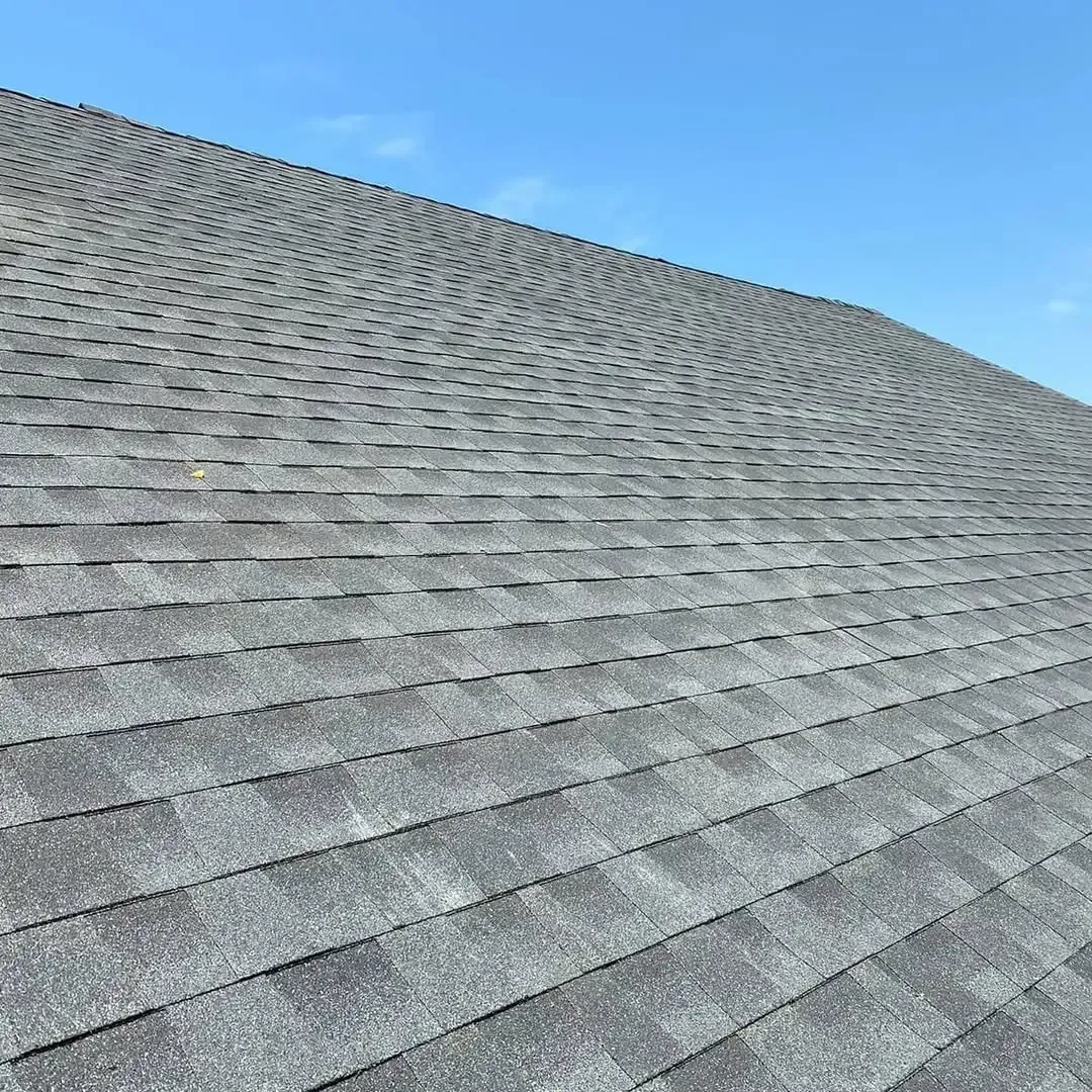 A close up of a roof with a blue sky in the background.