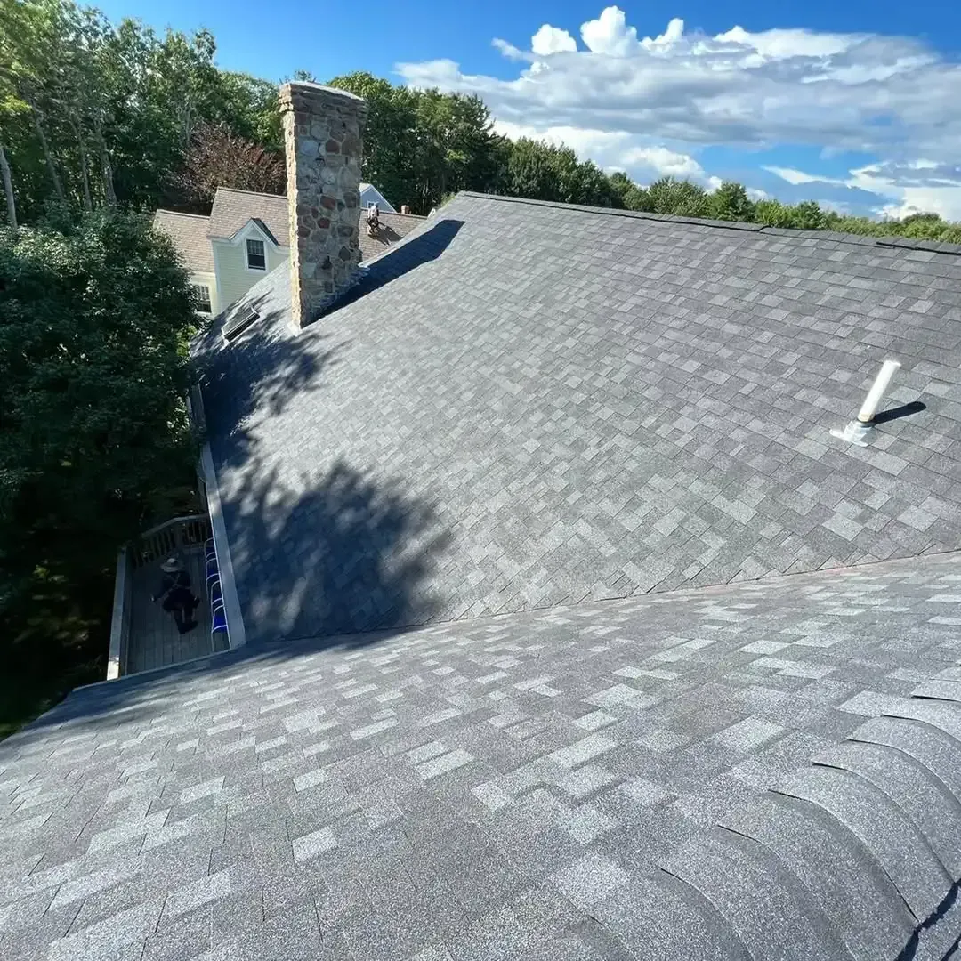 A roof of a house with a chimney and trees in the background.