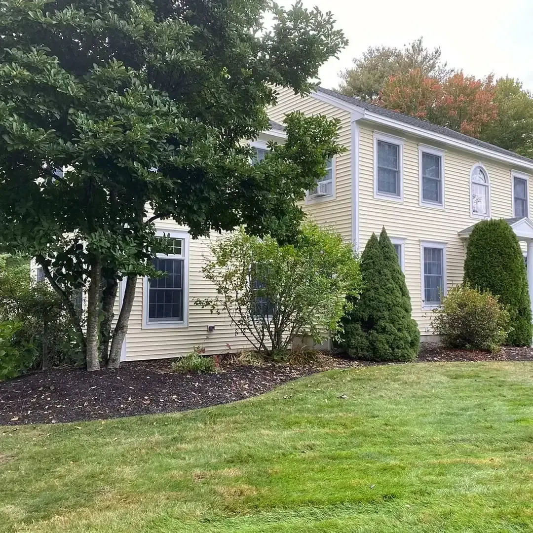 A house with a lot of windows and trees in front of it