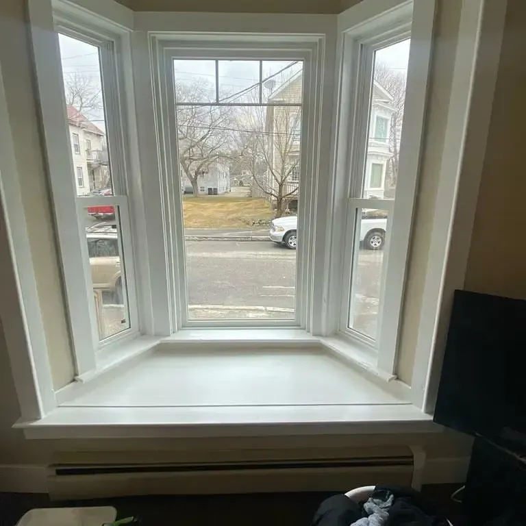 A bay window in a living room with a view of the street.