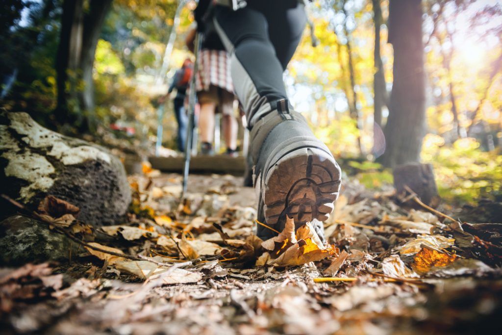 Hiking boots on trail covered with autumn leaves.